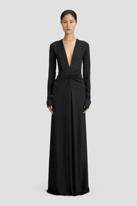 Long Sleeve Deep V-Neck Gown - Black