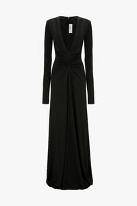 Long Sleeve Deep V-Neck Gown - Black