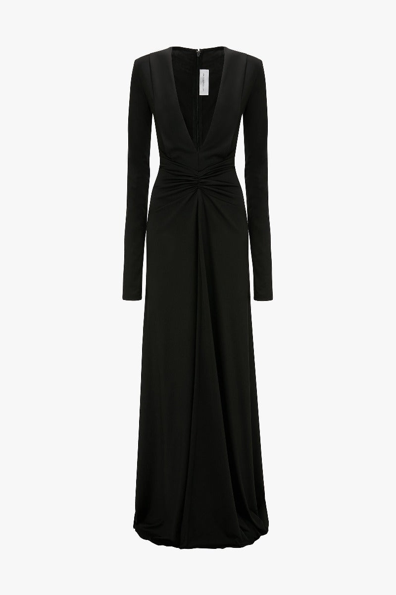 Long Sleeve Deep V-Neck Gown - Black