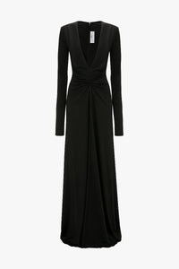 Long Sleeve Deep V-Neck Gown - Black