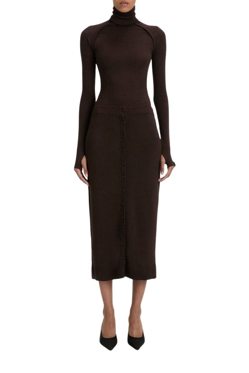 Button Detail Midi Skirt - Dark Chocolate