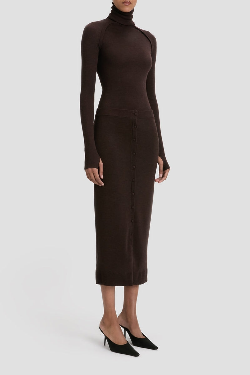 Button Detail Midi Skirt - Dark Chocolate