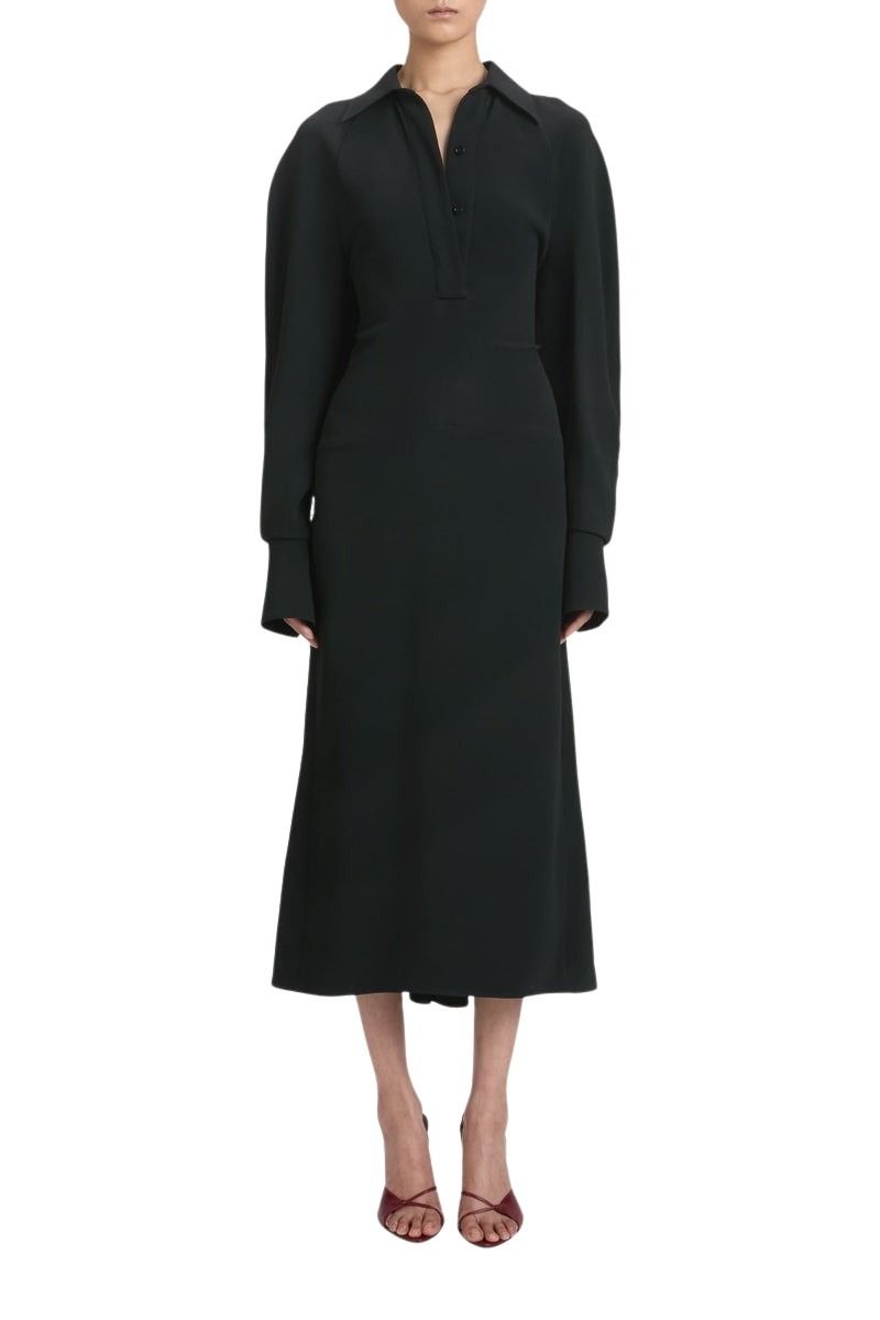 Long Sleeve Polo Collar Midi - Black