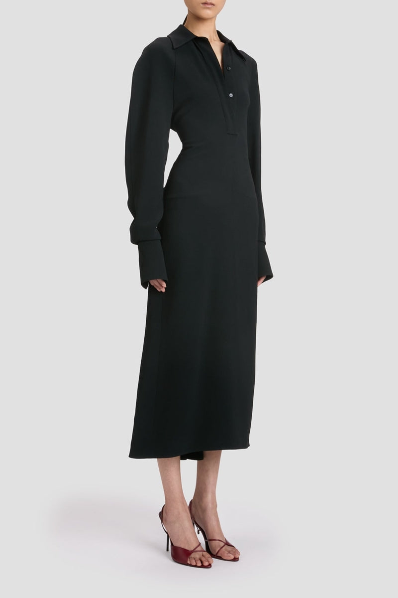 Long Sleeve Polo Collar Midi - Black