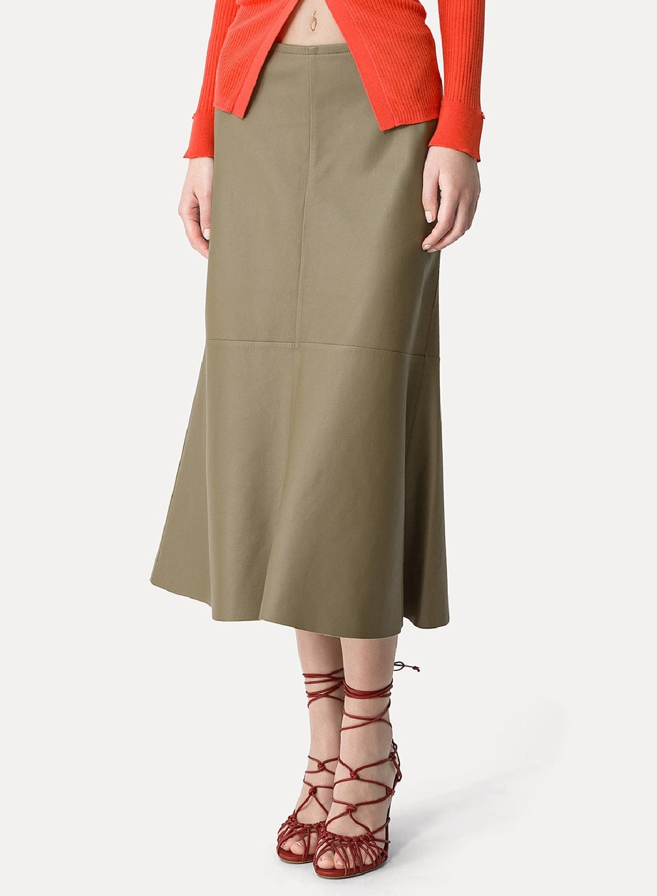 Jupe midi évasée en cuir - Taupe