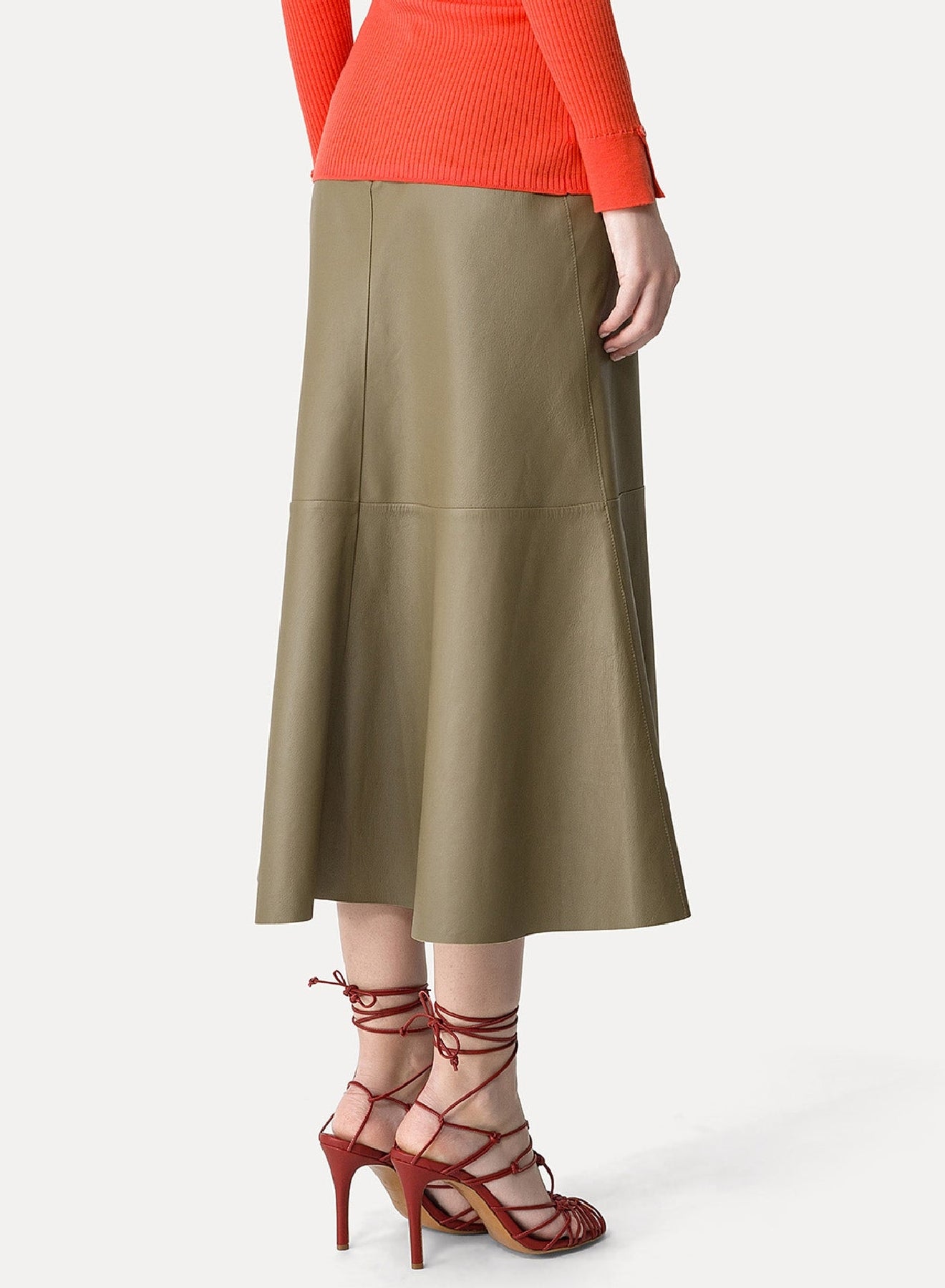 Jupe midi évasée en cuir - Taupe