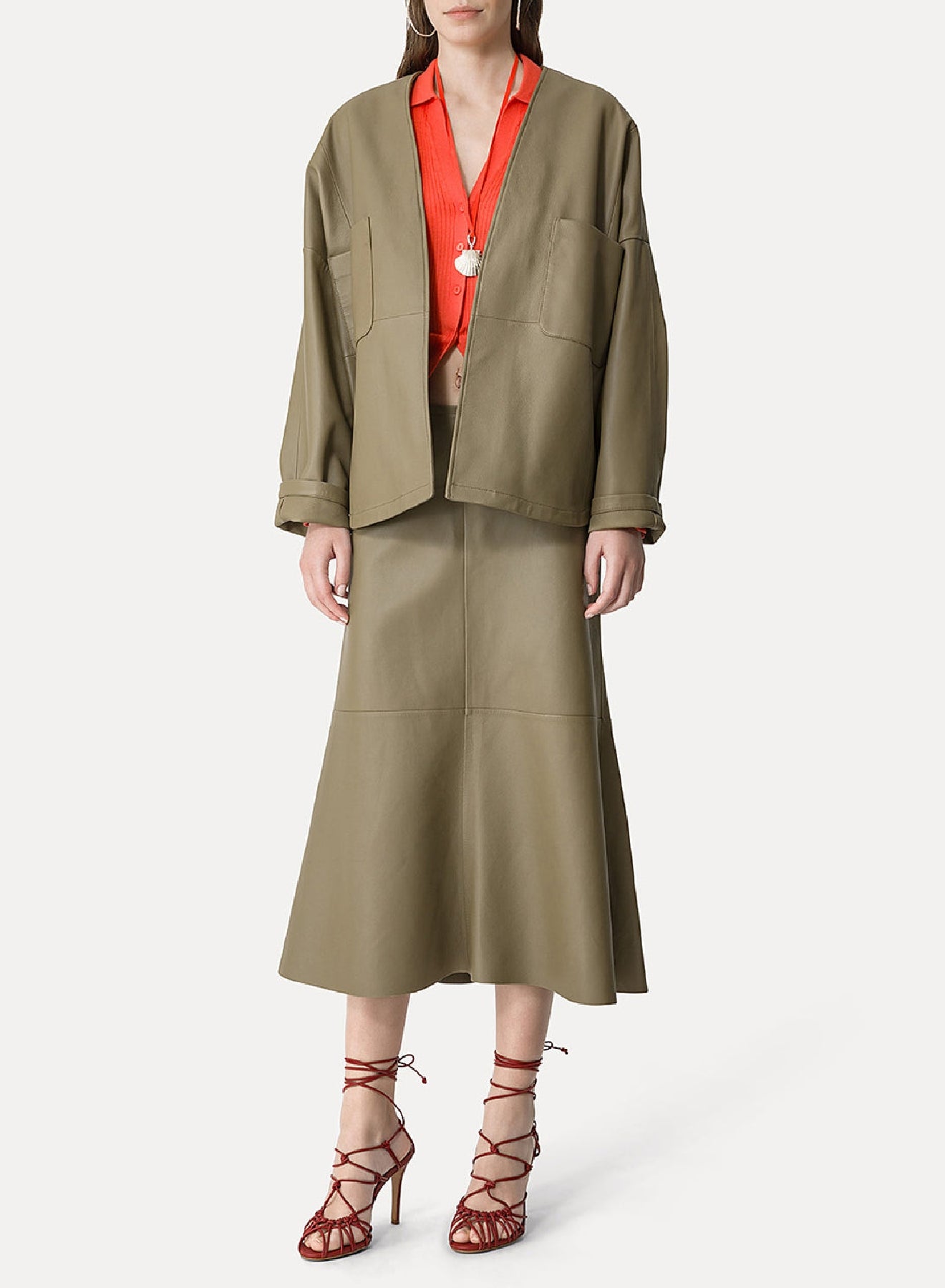 Jupe midi évasée en cuir - Taupe