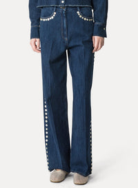 Pantalon 5 poches en coton Denim Cavalry brodé - Indigo
