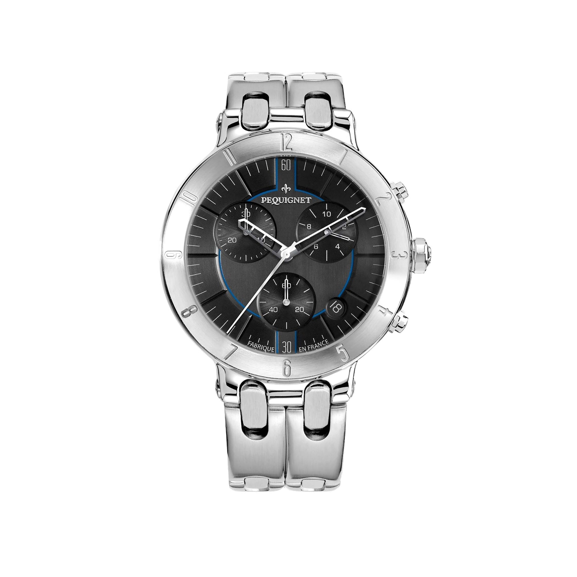 Moorea Chrono watch in steel 42 mm - Black with blue edging