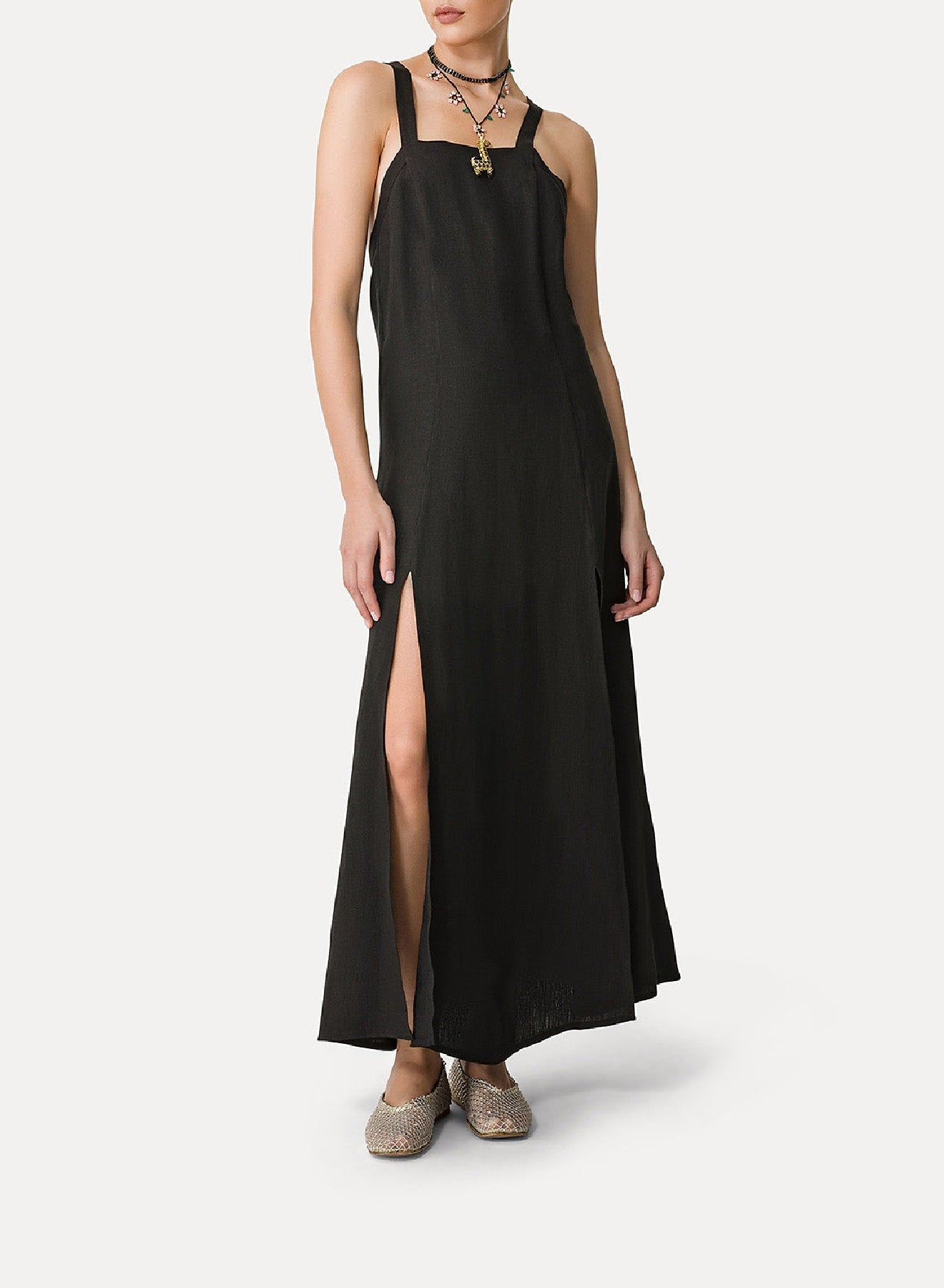 Robe à encolure carrée en lin - Noir