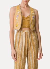 Waistcoat with "Oniric blossom" embroidery in linen - Grano