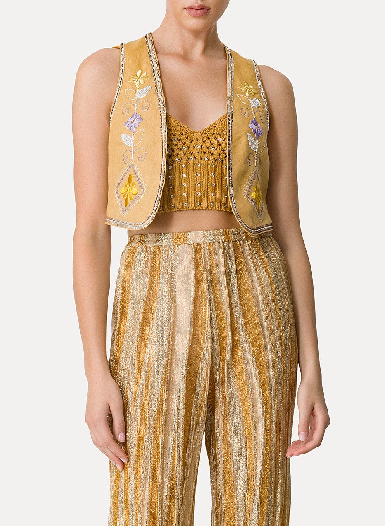 Waistcoat with "Oniric blossom" embroidery in linen - Grano