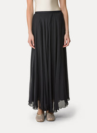 Jupe longue avec élastique à la taille en soie - Noir