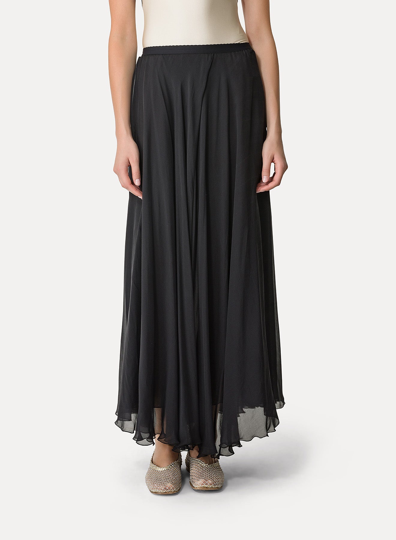 Jupe longue avec élastique à la taille en soie - Noir