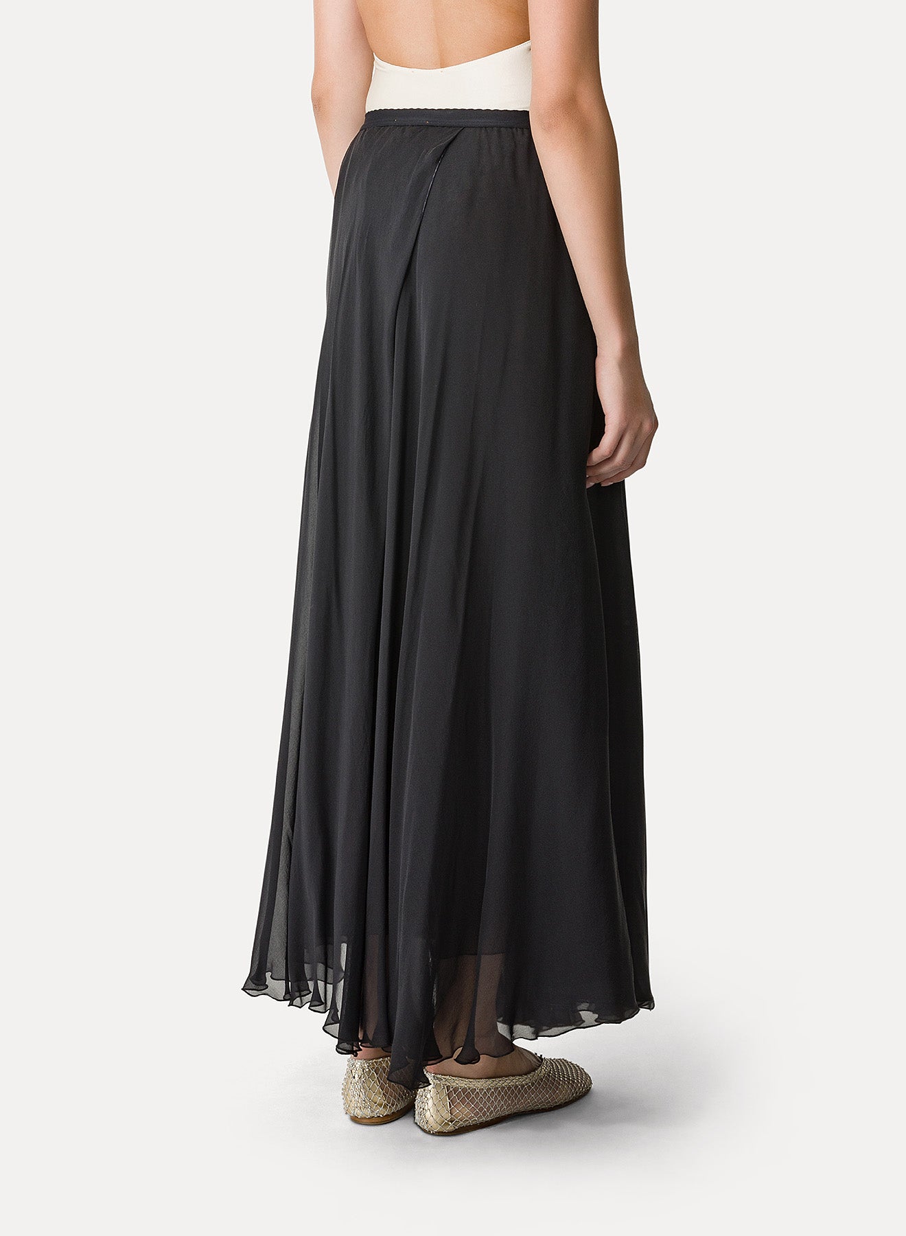 Jupe longue avec élastique à la taille en soie - Noir