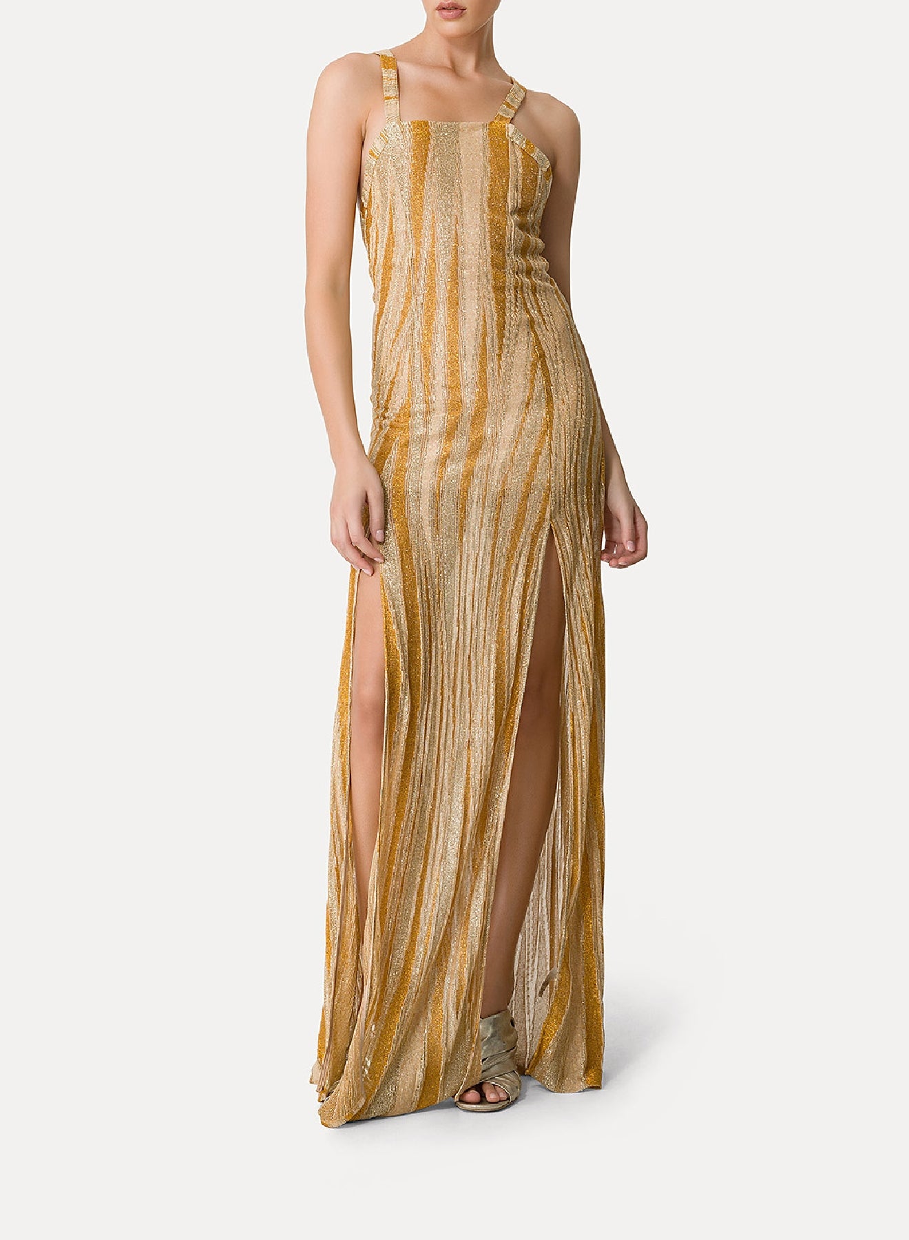 Linen square-neck maxi dress - Gold