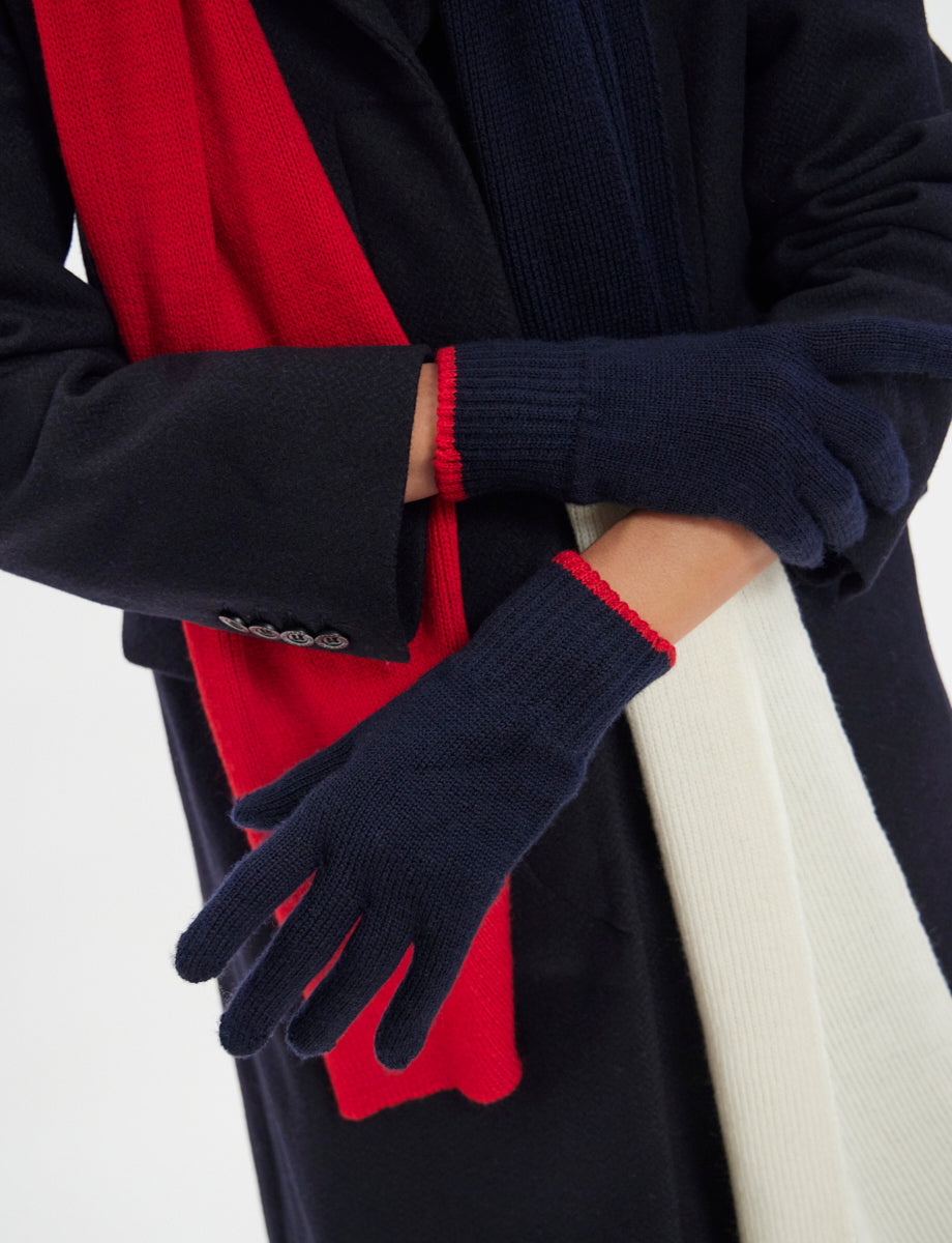 4qty NEW  / Gants Bahia en laine -  Navy Red Ecru
