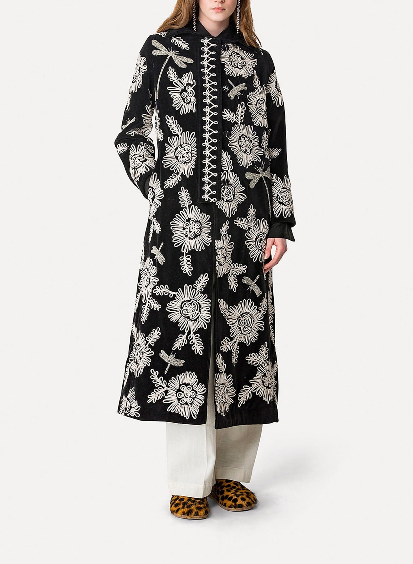 Manteau en velours brodé Voilà Une Fleur - Nero