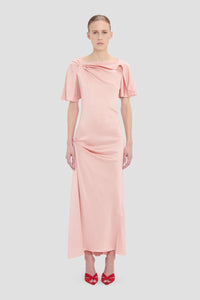 Closed Neck Draped Cap Sleeve Dress - Dusty Pink