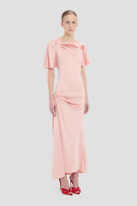 Closed Neck Draped Cap Sleeve Dress - Dusty Pink