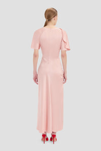 Closed Neck Draped Cap Sleeve Dress - Dusty Pink