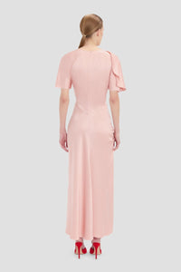 Closed Neck Draped Cap Sleeve Dress - Dusty Pink