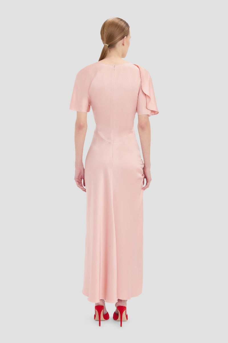 Closed Neck Draped Cap Sleeve Dress - Dusty Pink