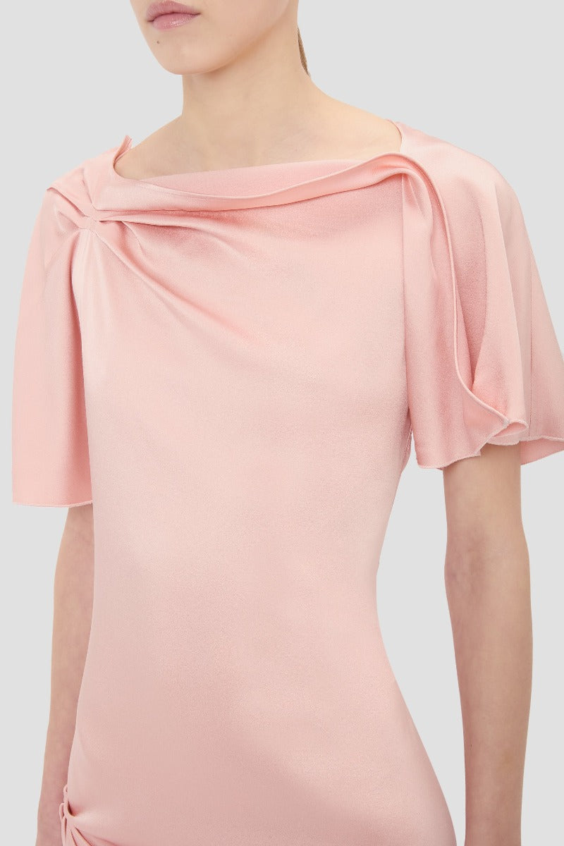 Closed Neck Draped Cap Sleeve Dress - Dusty Pink