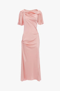 Closed Neck Draped Cap Sleeve Dress - Dusty Pink