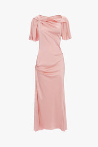 Closed Neck Draped Cap Sleeve Dress - Dusty Pink