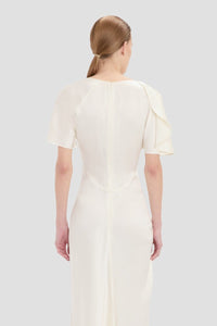 Closed Neck Draped Cap Sleeve Dress - Ivory