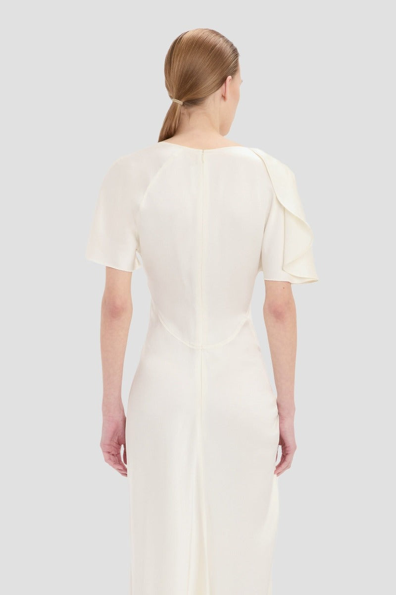 Closed Neck Draped Cap Sleeve Dress - Ivory