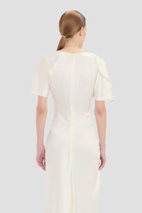 Closed Neck Draped Cap Sleeve Dress - Ivory