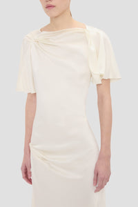 Closed Neck Draped Cap Sleeve Dress - Ivory