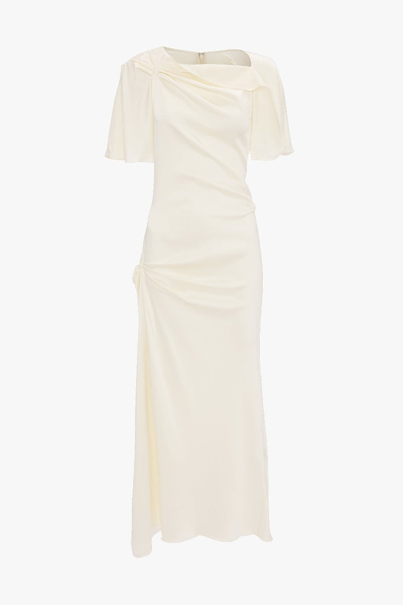 Closed Neck Draped Cap Sleeve Dress - Ivory