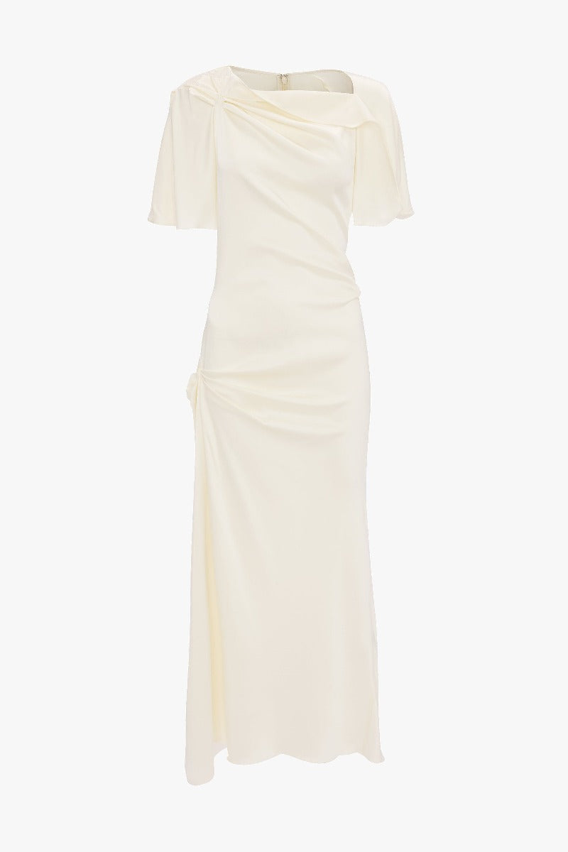 Closed Neck Draped Cap Sleeve Dress - Ivory