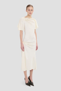 Closed Neck Draped Cap Sleeve Dress - Ivory