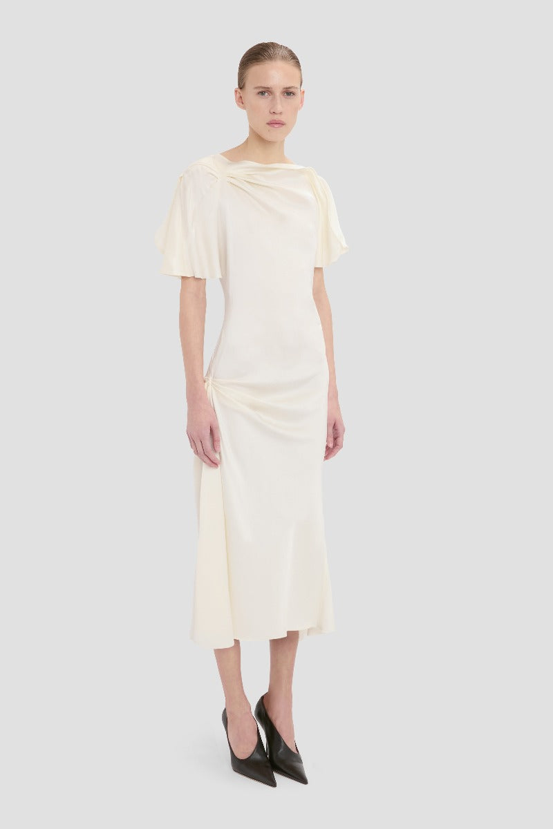 Closed Neck Draped Cap Sleeve Dress - Ivory