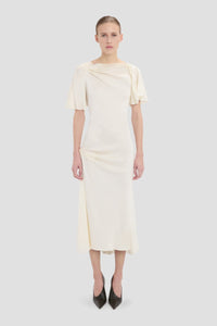 Closed Neck Draped Cap Sleeve Dress - Ivory