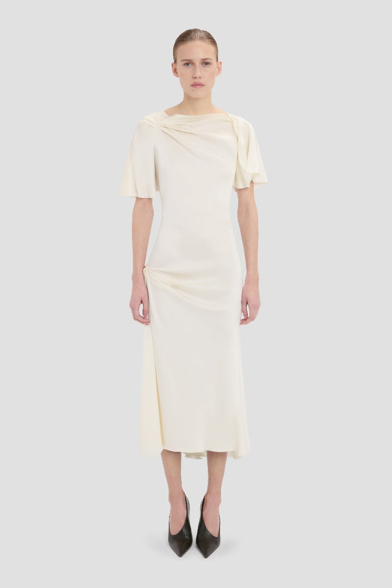 Closed Neck Draped Cap Sleeve Dress - Ivory