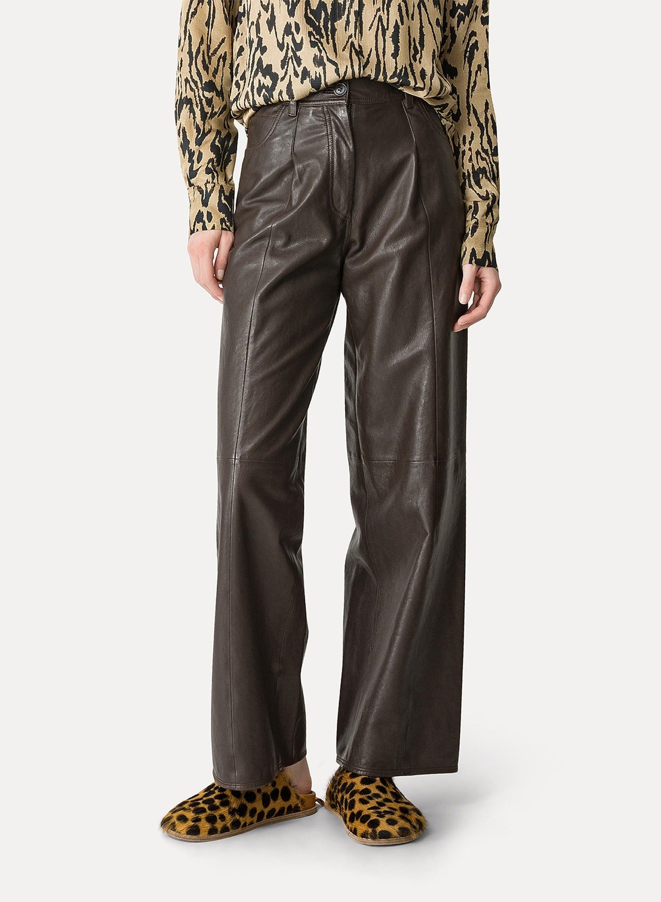 Pantalon 5 poches en cuir - Chocolat Noir