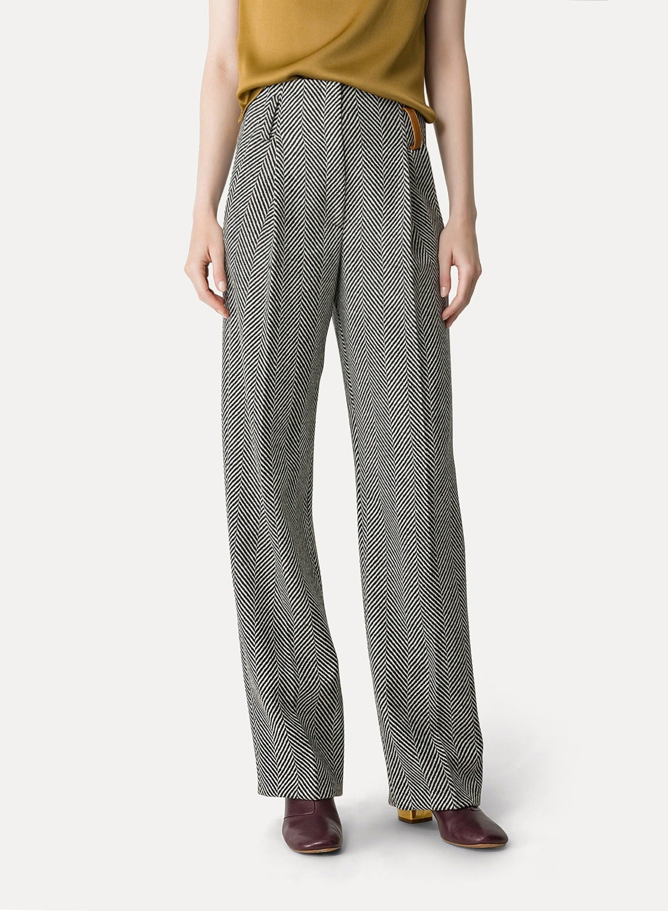 Pantalon taille haute en laine à motif chevrons - Grigio