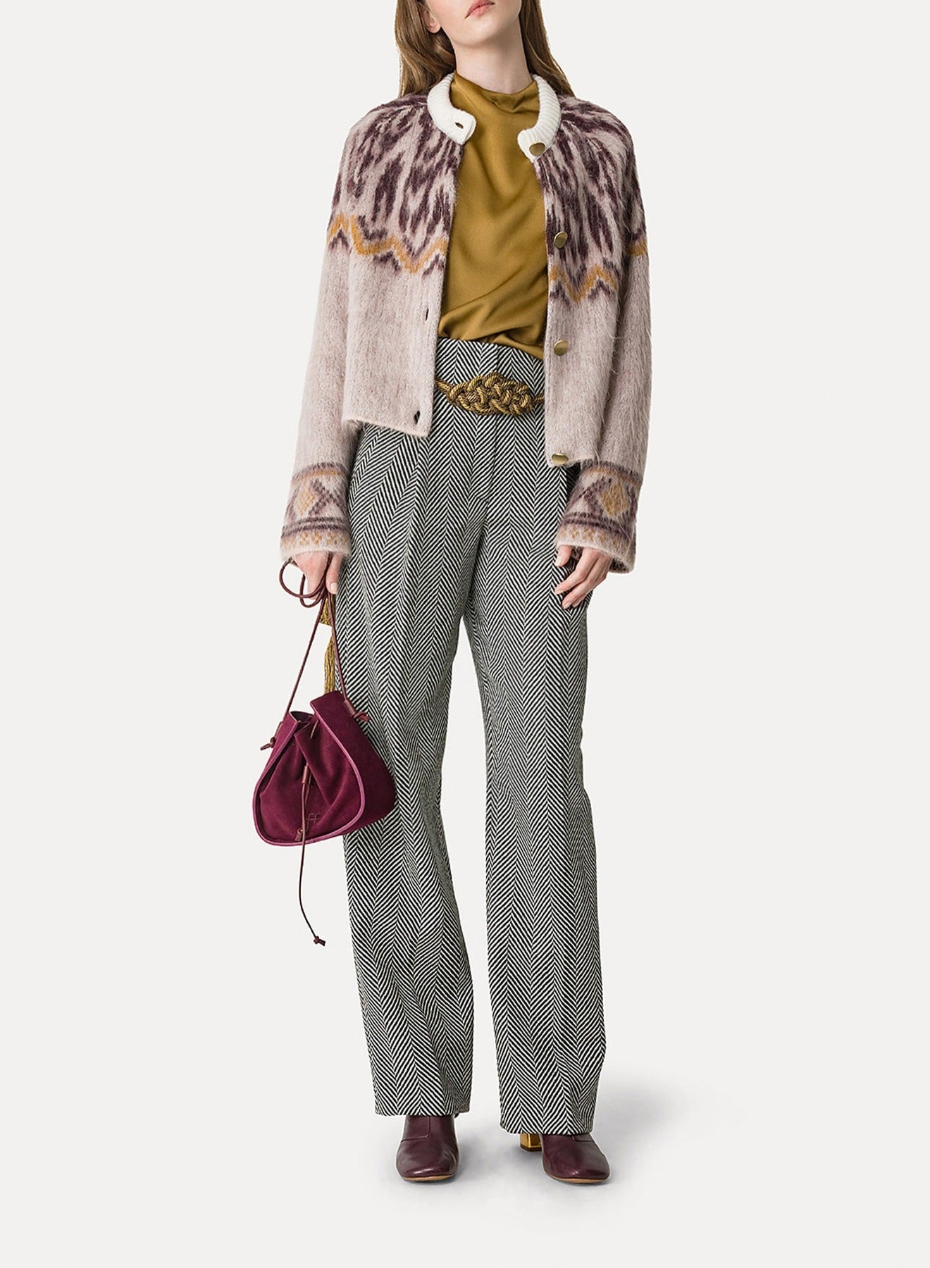 Pantalon taille haute en laine à motif chevrons - Grigio