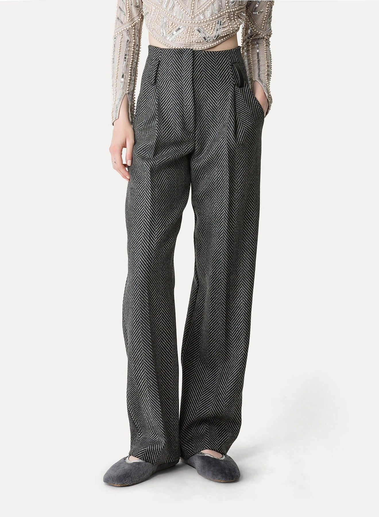 Pantalon taille haute en laine à motif chevrons - Antracite