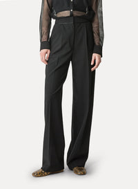 Pantalon taille haute en toile mélangée de laine - Noir