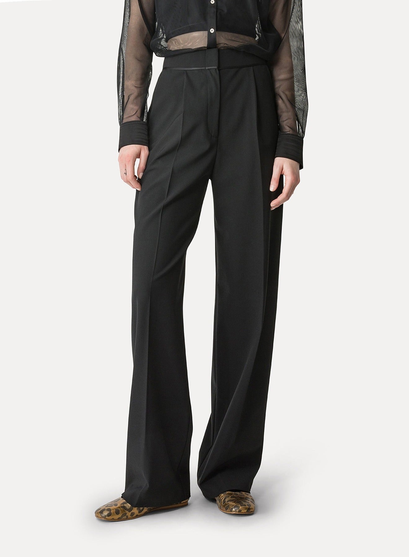 Pantalon taille haute en toile mélangée de laine - Noir