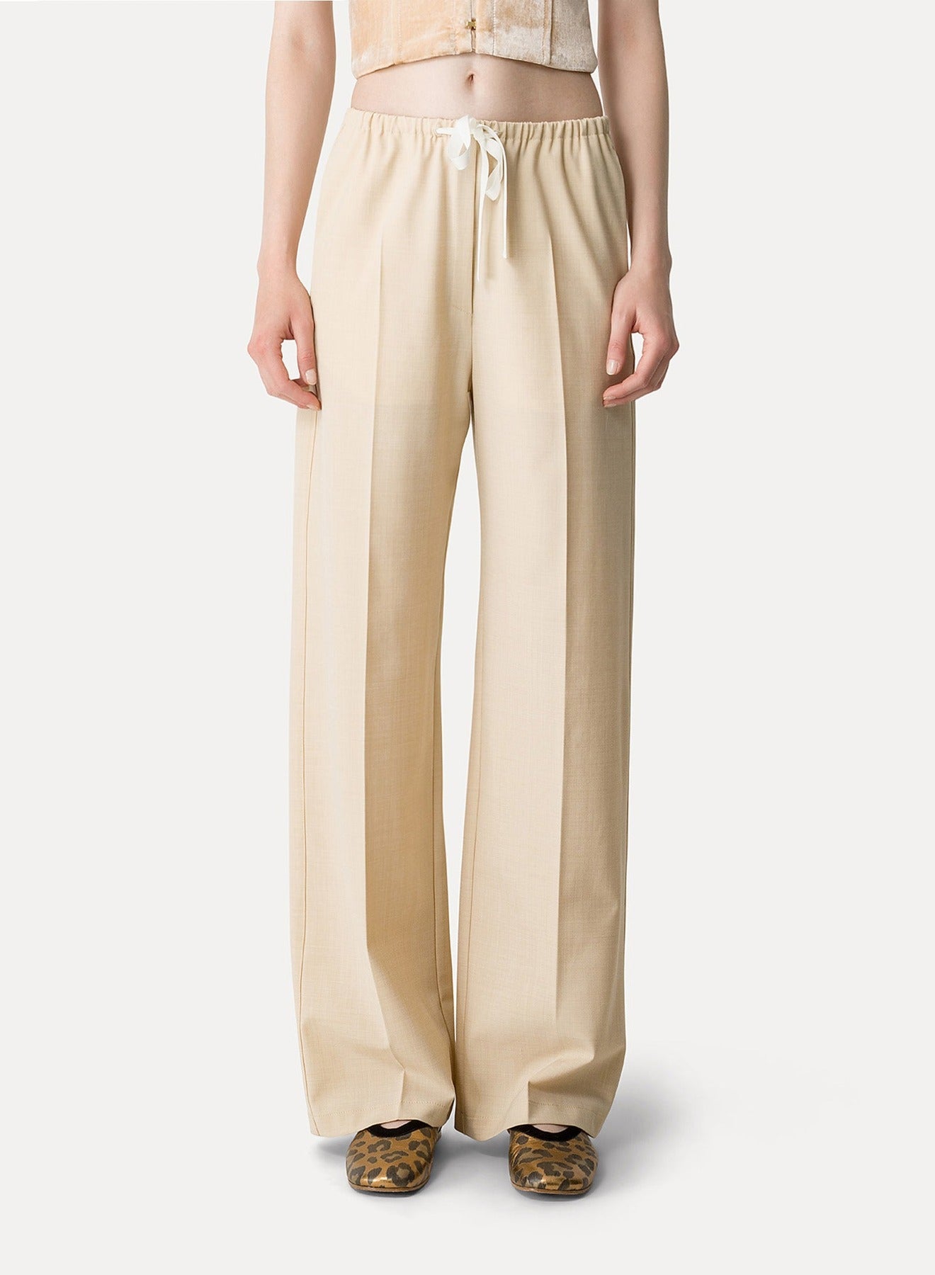 Pantalon à cordon de serrage en toile mélangée de laine - Honey