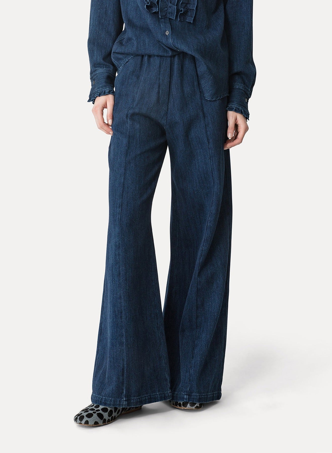 Pantalon palazzo élastiqué en denim - Indaco