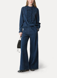 Pantalon palazzo élastiqué en denim - Indaco