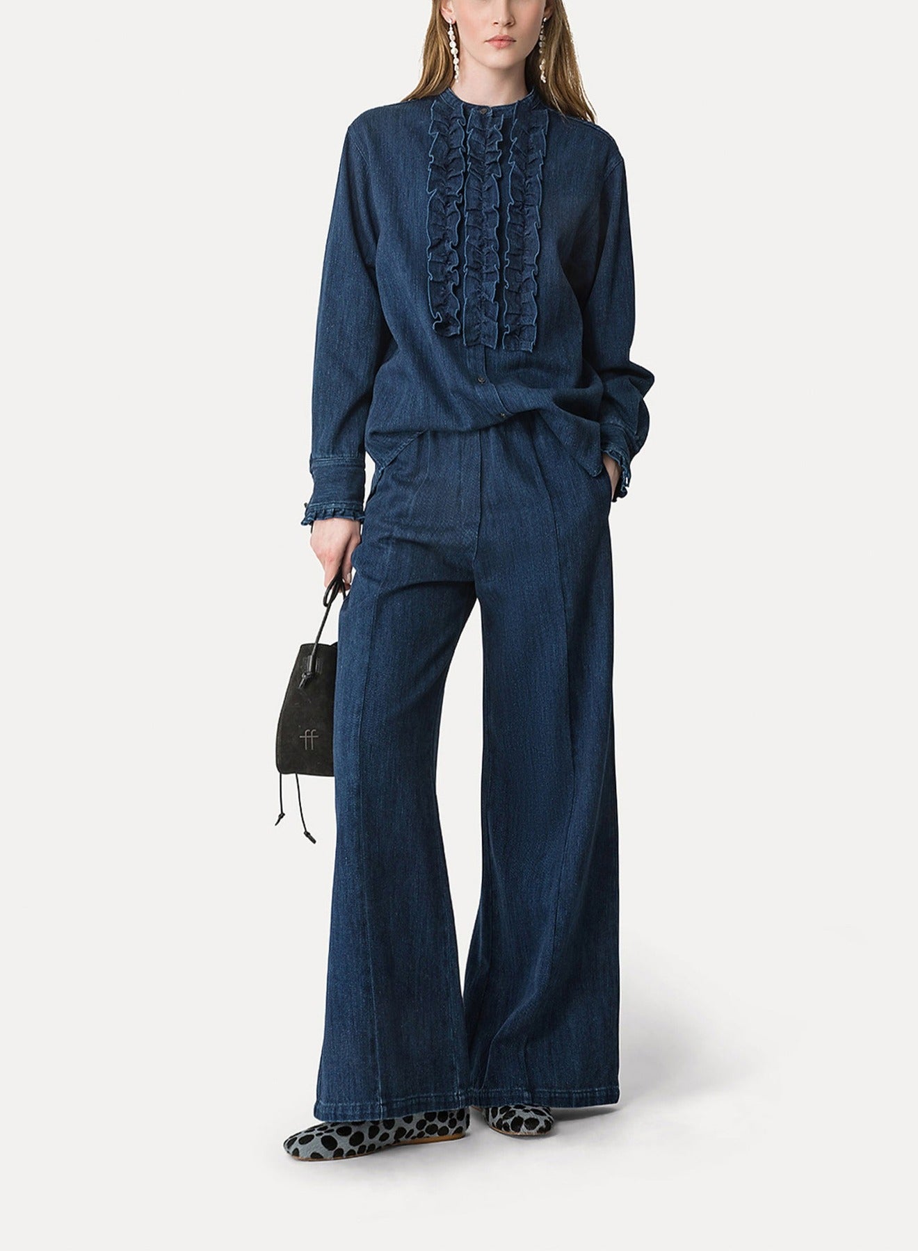 Pantalon palazzo élastiqué en denim - Indaco